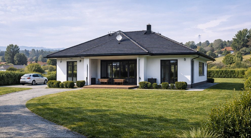 Modernes Einfamilienhaus mit durchdachtem Raumkonzept und großflächiger Verglasung zum Garten