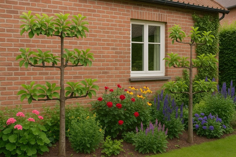 Spalierbäume vor einem Wohnhaus